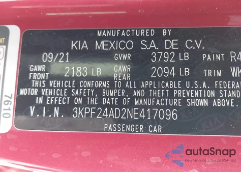 2022 Kia Forte Lxs z USA, uszkodzony, nr VIN 3KPF24AD2NE417096